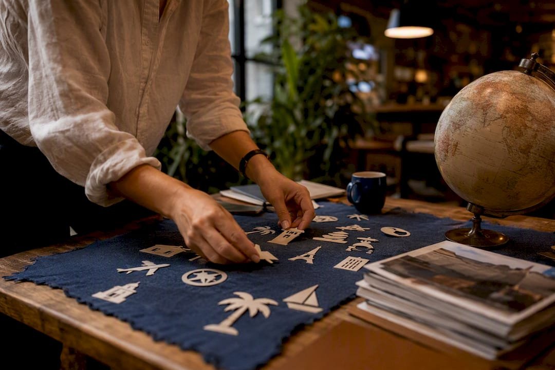 Hands placing icons on travel niche map