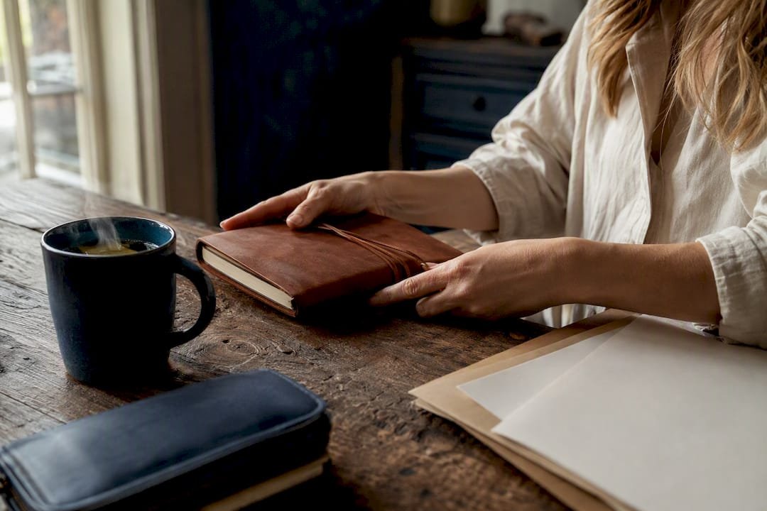 Hands organizing travel launch materials on desk
