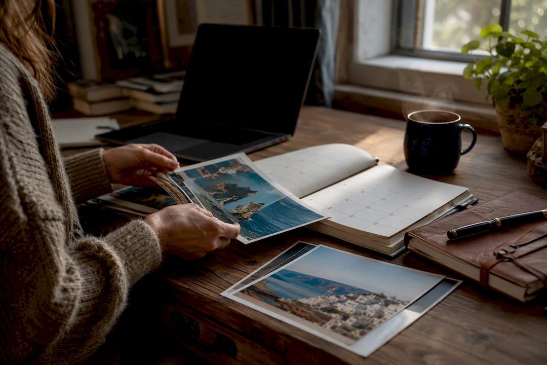 Workspace with hands arranging travel brochures