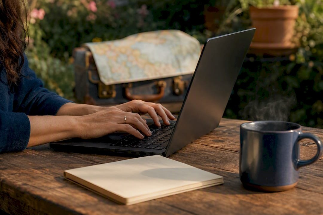 Hands typing on laptop at travel desk