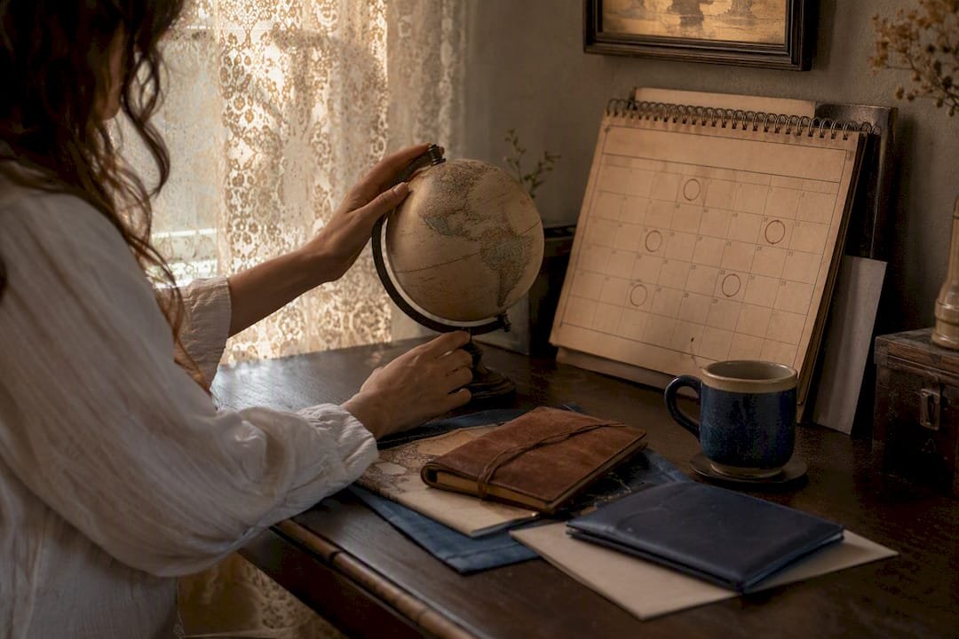 Hands arranging travel props on desk
