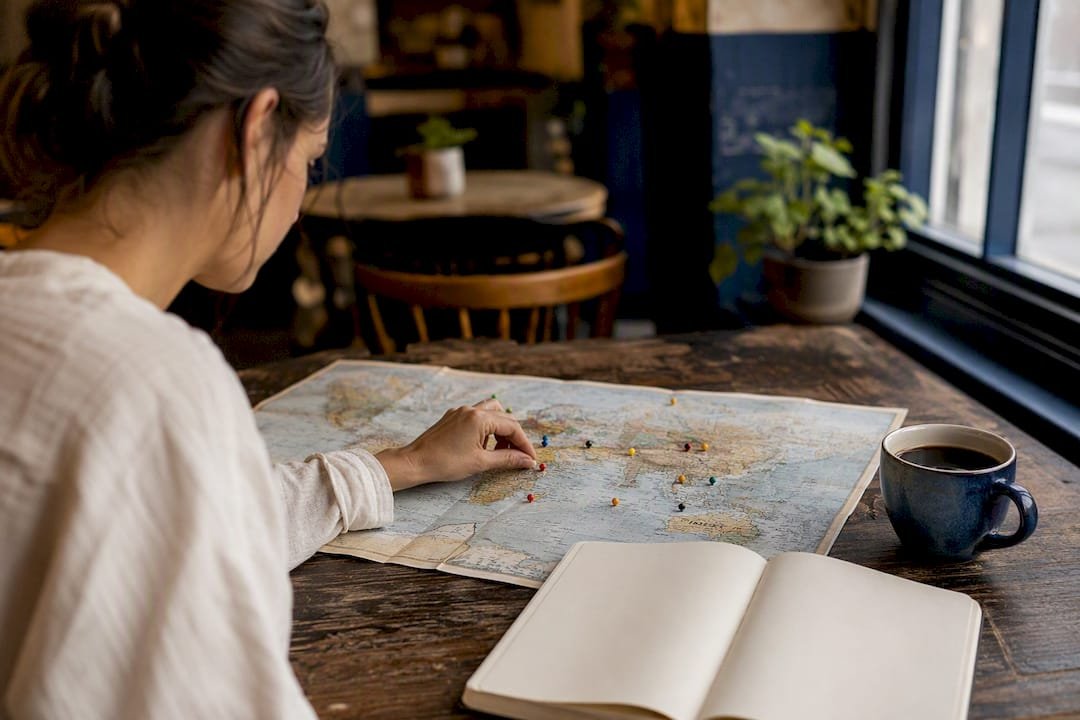 Hands placing pins on map for travel niche planning