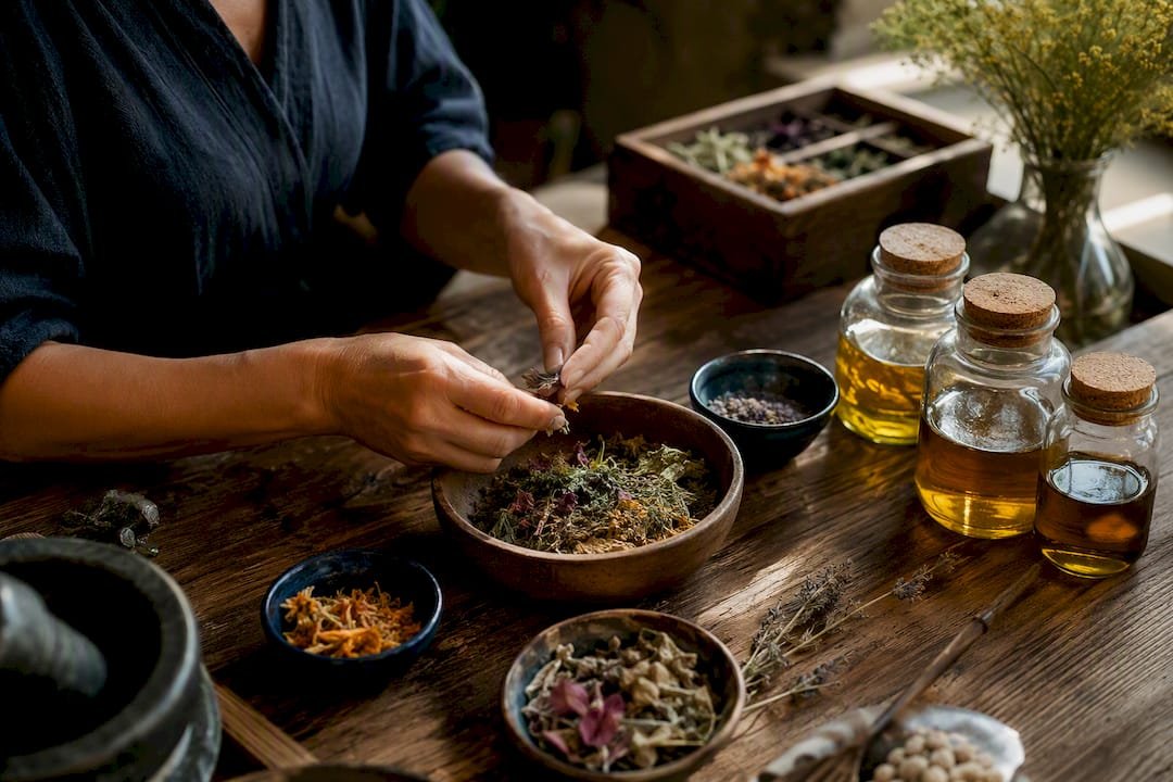 Pouring herbal tea at wellness retreat