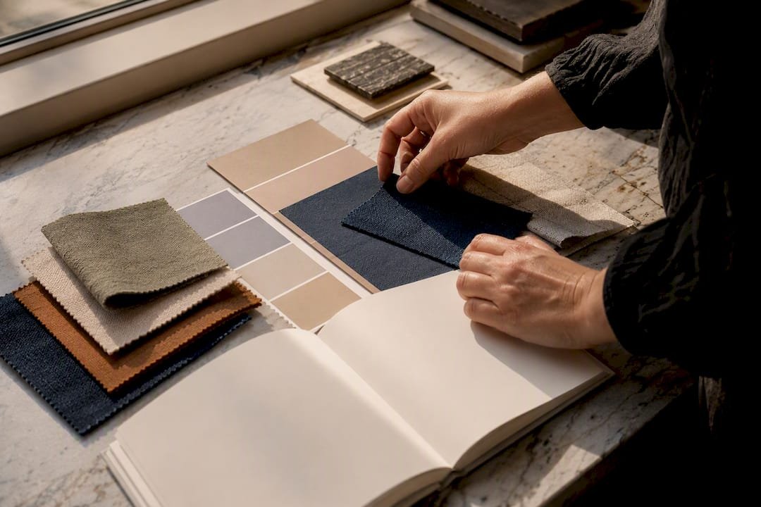 Hands spreading color palette swatches on table