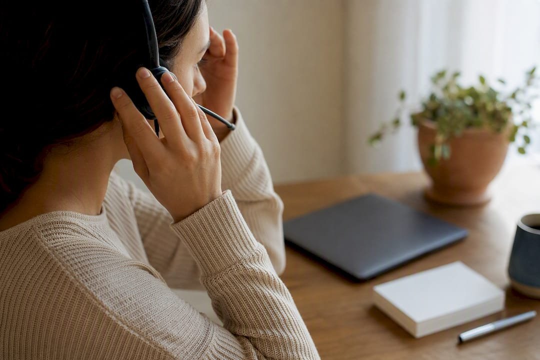 Hands holding telephone headset at support desk