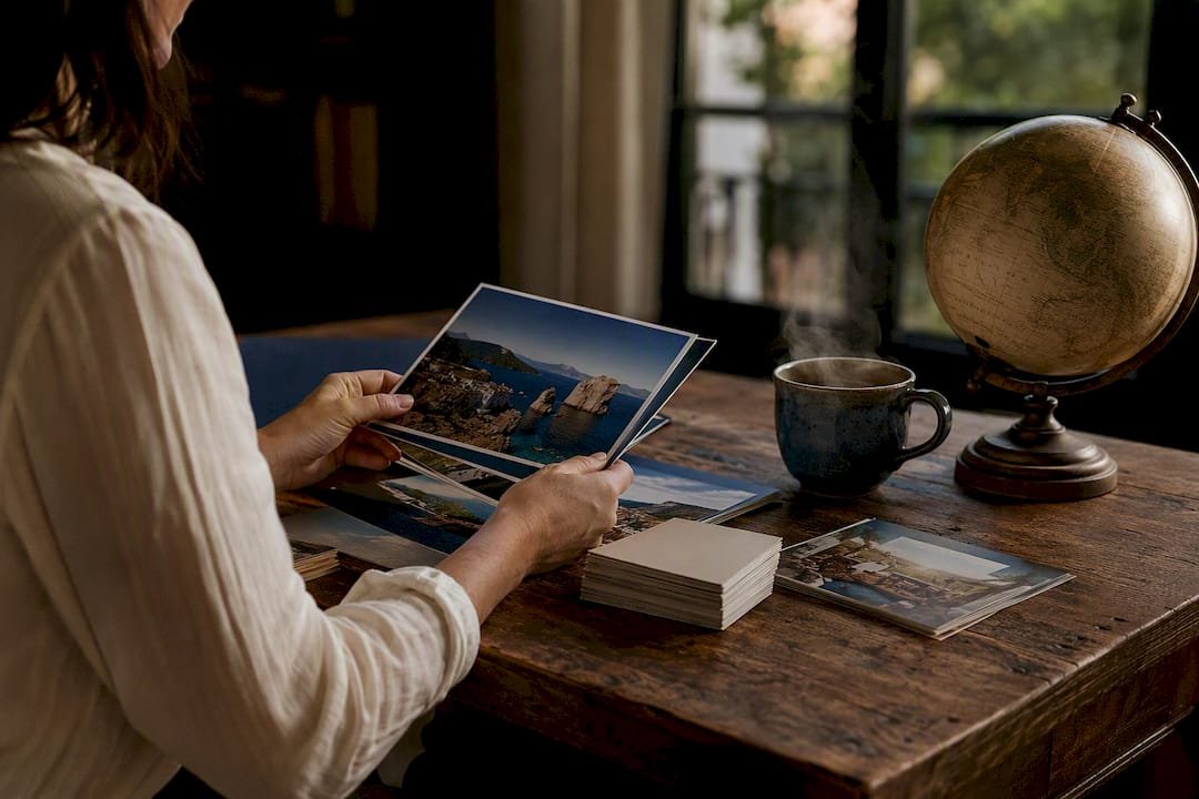 Hands arranging marketing materials on rustic desk