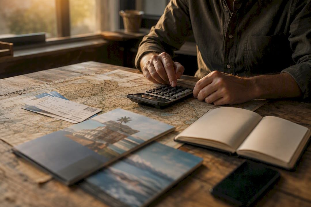 Hands calculating travel commissions on rustic desk