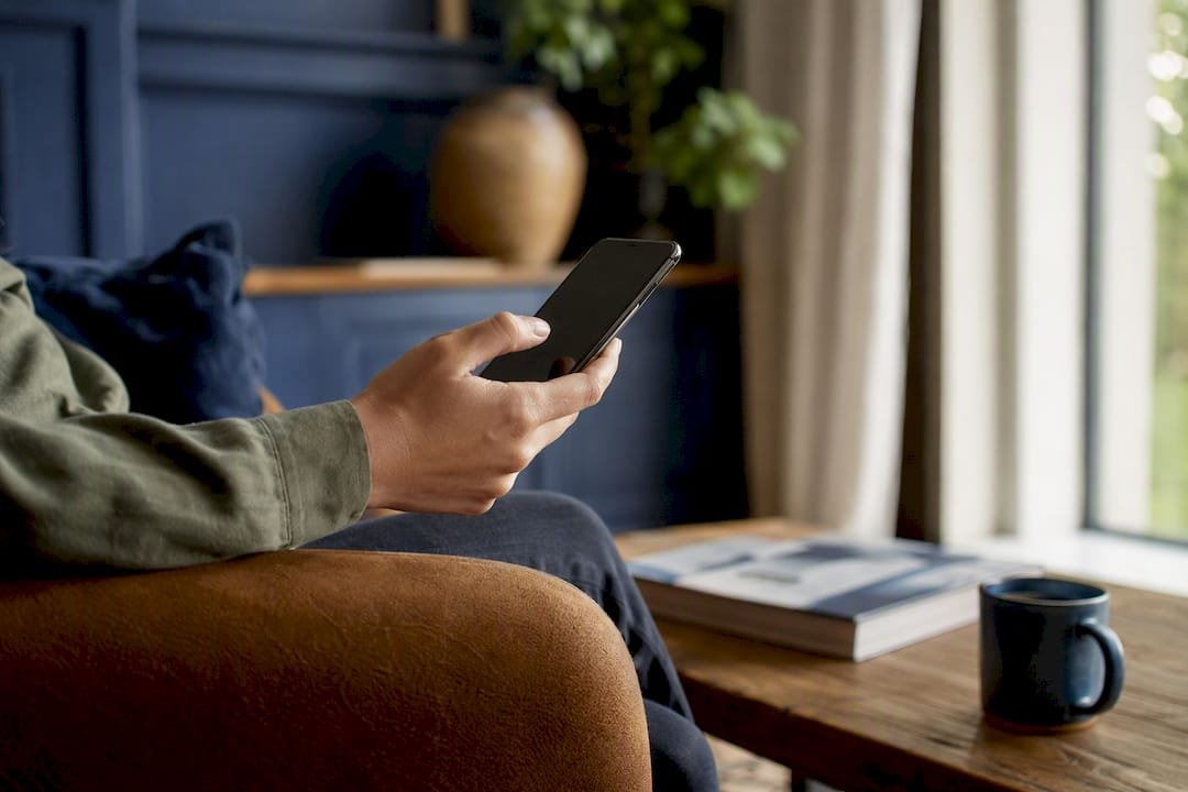 Hand holding smartphone on sofa