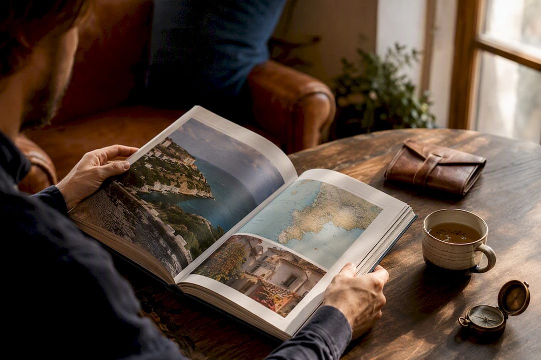 Hands flipping travel destination guidebook
