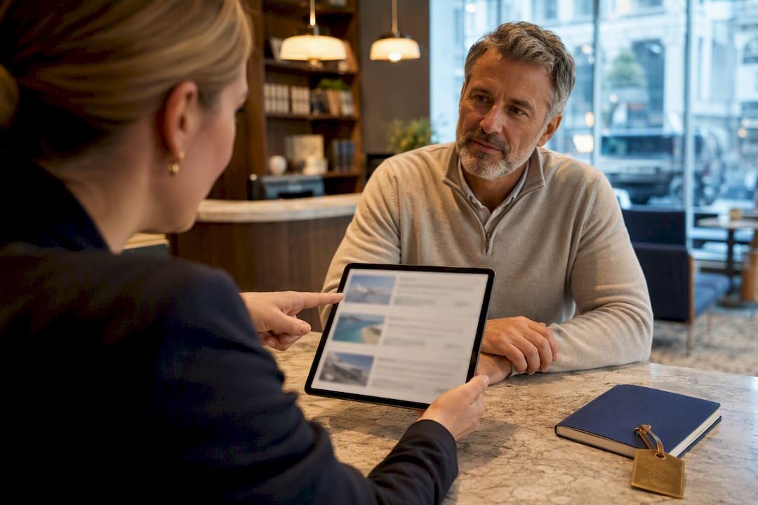Travel adviser reviewing a package holiday booking