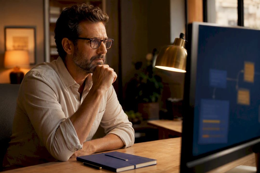 Travel agency owner reviewing connected automation workflow
