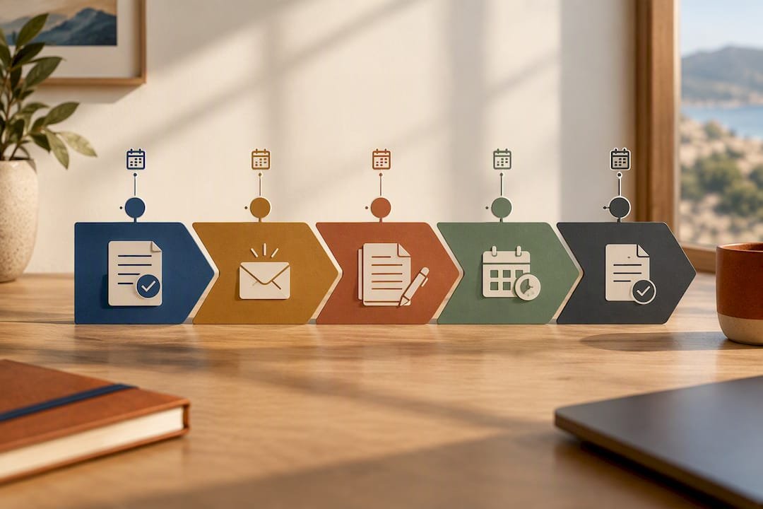 Five-stage travel onboarding workflow illustration